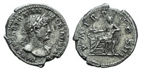 Hadrian (117-138). AR Denarius (19mm, 3.25g, 6h). Rome, 119-122. Laureate bust r., slight drapery on l. shoulder. R/ Salus seated l., feeding from pat...