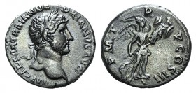 Hadrian (117-138). AR Denarius (17.5mm, 3.22g, 6). Rome, c. 119-125. Laureate and draped bust r. R/ Victory flying r., holding trophy with both hands....