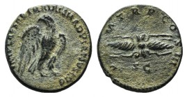 Hadrian (117-138). Æ Semis (18mm, 3.12g, 6h). Rome, 121-2. Eagle standing facing, head l. R/ Thunderbolt, SC below. RIC II 625. Rare, Good VF