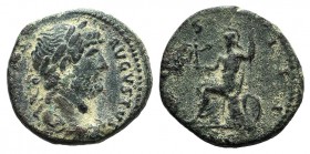 Hadrian (117-138). Æ Semis (18mm, 4.35g, 6h). Rome, c. 124-8. Laureate and draped bust r. R/ Roma seated l. on cuirass, holding Victory and spear; shi...