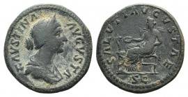 Faustina II (Augusta, 147-175). Æ As (25mm, 9.83, 12h). Rome, 161-175. Diademed and draped bust r., hair knotted behind. R/ Salus seated l., feeding s...