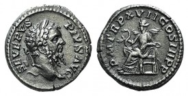 Septimius Severus (193-211). AR Denarius (18mm, 3.56g, 12h). Rome, AD 209. Laureate head r. R/ Salus seated l. feeding serpent. RIC IV 230; RSC 531. T...