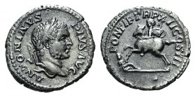 Caracalla (198-217). AR Denarius (19mm, 2.76g, 6h). Rome, AD 209. Laureate head r. R/ Caracalla on horseback l., brandishing javelin at fallen warrior...
