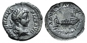 Caracalla (198-217). AR Denarius (18mm, 3.05g, 1h). Rome, 201-2. Laureate and draped bust r. R/ Galley l., with rowers and passengers. RIC IV 120; RSC...