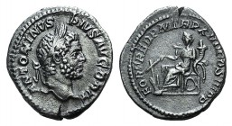 Caracalla (198-217). AR Denarius (20mm, 3.25g, 6h). Rome, AD 211. Laureate head r. R/ Fortuna seated l., holding rudder and cornucopia; wheel below th...