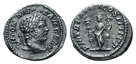 Caracalla (198-217). AR Denarius (19mm, 2.98g, 12h). Rome, AD 215. Laureate head r. R/ Fides standing l., holding a standard in each hand. RIC IV 266;...