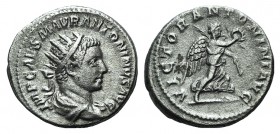 Elagabalus (218-222). AR Antoninianus (22mm, 5.25g, 6h). Rome, AD 219. Radiate, draped and cuirassed bust r. R/ Victory advancing r., holding palm fro...