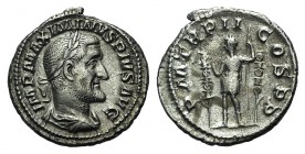 Maximinus I (235-238). AR Denarius (19mm, 2.90g, 12h). Rome, AD 236. Laureate, draped and cuirassed bust r. R/ Maximinus standing l. between two signa...