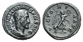 Maximinus I (235-238). AR Denarius (19mm, 2.98g, 6h). Rome, 236. Laureate, draped and cuirassed bust r. R/ Victory advancing r., holding wreath and pa...