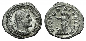 Maximinus I (235-238). AR Denarius (19mm, 2.99g, 12h). Rome, 236-7. Laureate, draped and cuirassed bust r. R/ Victory standing l., holding wreath and ...