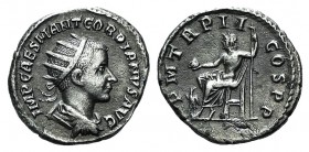Gordian III (238-244). AR Antoninianus (21.5mm, 3.88g, 1h). Rome. Radiate, draped and cuirassed bust r. R/ Jupiter seated l., holding globe and sceptr...