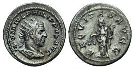 Philip I (244-249). AR Antoninianus (23mm, 5.17g, 6h). Rome, AD 246. Radiate, draped and cuirassed bust r. R/ Aequitas standing l., holding scales and...