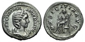 Otacilia Severa (Augusta, 244-249). AR Antoninianus (23mm, 4.16g, 12h). Rome, AD 245. Diademed and draped bust r., set on crescent. R/ Pudicitia seate...