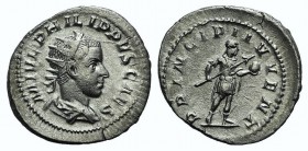 Philip II (Caesar, 244-246). AR Antoninianus (22mm, 4.38g, 6h). Rome, c. 244-6. Radiate, draped and cuirassed bust r. R/ Philip, in military attire, s...