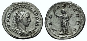 Philip II (247-249). AR Antoninianus (23mm, 4.35g, 12h). Rome, AD 247. Radiate, draped and cuirassed bust r. R/ Pax standing l., holding olive branch ...