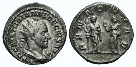 Trajan Decius (249-251). AR Antoninianus (22mm, 5.41g, 12h). Rome, AD 250. Radiate, draped and cuirassed bust r. R/ The two Pannoniae standing facing,...