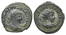 Aurelian and Vabalathus (270-275). Radiate (22mm, 3.71g, 5h). Antioch, 270-2. Radiate and cuirassed bust of Aurelian r.; Δ below. R/ Laureate, draped ...
