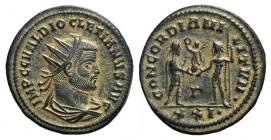 Diocletian (284-305). Æ Radiate (20mm, 3.65 g. 12h). Heraclea. Radiate, draped and cuirassed bust r. R/ Aurelian standing r., holding sceptre and rece...