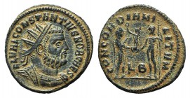 Constantius I (Caesar, 293-305). Æ Radiate (21mm, 2.83g, 6h). Cyzicus, 295-9. Radiate, draped and cuirassed bust r. R/ Constantius standing r., receiv...