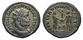 Constantius I (Caesar, 293-305). Æ Radiate (21mm, 3.83g, 12h). Cyzicus, 295-9. Radiate, draped and cuirassed bust r. R/ Constantius standing r., recei...