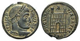 Constantine I (307-337). Æ Follis (19mm, 3.46g, 6h). Arelate, 324-5. Laureate head r. R/ Camp gate; star above; P-star-AR. RIC VII 280. Brown patina, ...