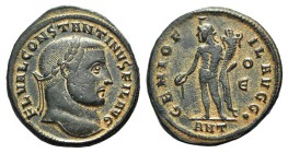Constantine I (Filius Augustorum, 309-310). Æ Follis (25mm, 6.69g, 6h). Antioch, AD 309. Laureate head r. R/ Genius standing l., holding patera and co...