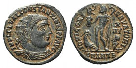 Constantine I (307/310-337). Æ Follis (18mm, 2.44g, 12h). Antioch, 321-3. Radiate, draped and cuirassed bust r. R/ Jupiter standing l., holding Victor...