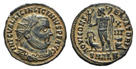 Licinius I (308-324). Æ Follis (19mm, 2.71g, 12h). Alexandria, 321-4. Radiate, draped and cuirassed bust r. R/ Jupiter standing l., holding crowning V...