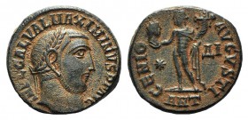 Maximinus II (310-313). Æ Follis (20mm, 5.27g, 6h). Antioch, AD 312. Laureate head r. R/ Genius standing facing, head l., holding cornucopia and bust ...