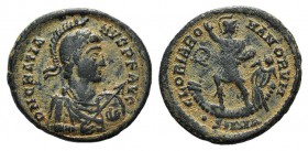 Gratian (367-383). Æ (23mm, 5.19g, 12h). Nicomedia, 367-375. Helmeted, draped and cuirassed bust r., holding spear and shield. R/ Emperor standing fac...