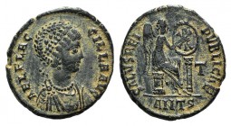 Aelia Flaccilla (Augusta, 379-386/8). Æ (22mm, 4.99g, 11h). Antioch, 383-8. Draped bust r. R/ Victory seated r., inscribing a Chi-rho on a shield set ...