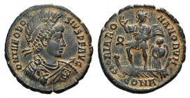 Theodosius I (379-395). Æ (22mm, 4.90g, 6h). Constantinople, 379-383. Diademed, helmeted, draped and cuirassed bust r., holding spear and shield. R/ T...