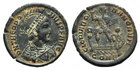 Theodosius I (379-395). Æ (24mm, 5.36g, 6h). Constantinople, 379-383. Diademed, helmeted, draped and cuirassed bust r., holding spear and shield. R/ T...