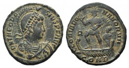 Theodosius I (379-395). Æ (23mm, 5.58g, 6h). Constantinople, 379-383. Diademed, helmeted, draped and cuirassed bust r., holding spear and shield. R/ T...