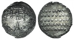 Constantine VII and Romanus I (913-959). AR Miliaresion (24mm, 2.24g, 12h). Constantinople. Cross-crosslet on three steps within triple border, globe ...