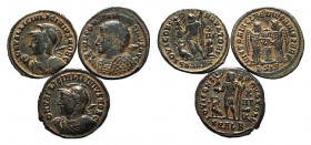 Lot of 3 Roman Imperial Æ Folles, including Constantine I (1) and Licinius II (2). Lot sold as is, no returns