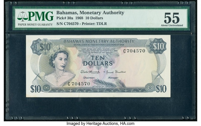 Bahamas Monetary Authority 10 Dollars 1968 Pick 30a PMG About Uncirculated 55. 
...