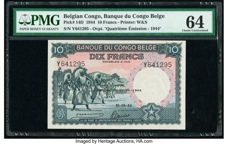 Belgian Congo Banque du Congo Belge 10 Francs 10.6.1944 Pick 14D PMG Choice Unci...