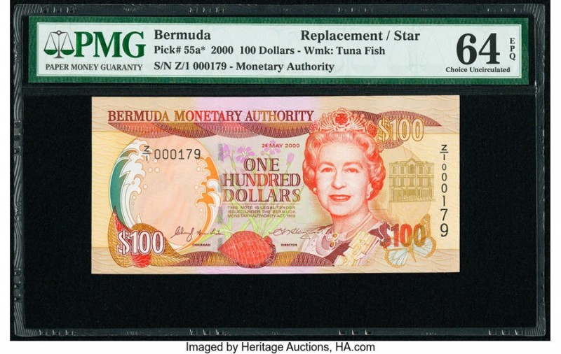 Bermuda Monetary Authority 100 Dollars 2000 Pick 55a* Replacement PMG Choice Unc...