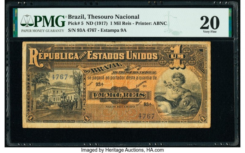 Brazil Thesouro Nacional 1 Mil Reis ND (1917) Pick 5 PMG Very Fine 20. 

HID0980...