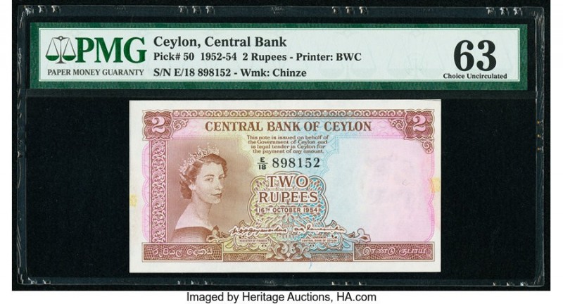 Ceylon Central Bank of Ceylon 2 Rupees 16.10.1954 Pick 50 PMG Choice Uncirculate...