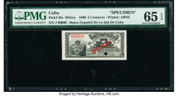 Cuba Banco Espanol De La Isla De Cuba 5 Centavos 15.5.1896 Pick 45s Specimen PMG Gem Uncirculated 65 EPQ. Red Specimen overprint; one POC.

HID0980124...