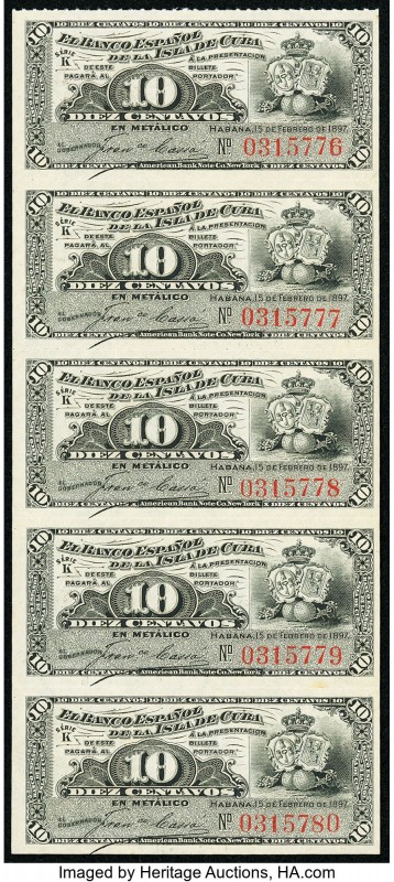 Cuba Banco Espanol De La Isla De Cuba 10 Centavos 15.2.1897 Pick 52 Uncut Sheet ...