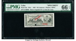 Cuba Banco Espanol De La Isla De Cuba 10 Centavos 15.2.1897 Pick 52s Specimen PMG Gem Uncirculated 66 EPQ. Red Specimen overprint; one POC.

HID098012...