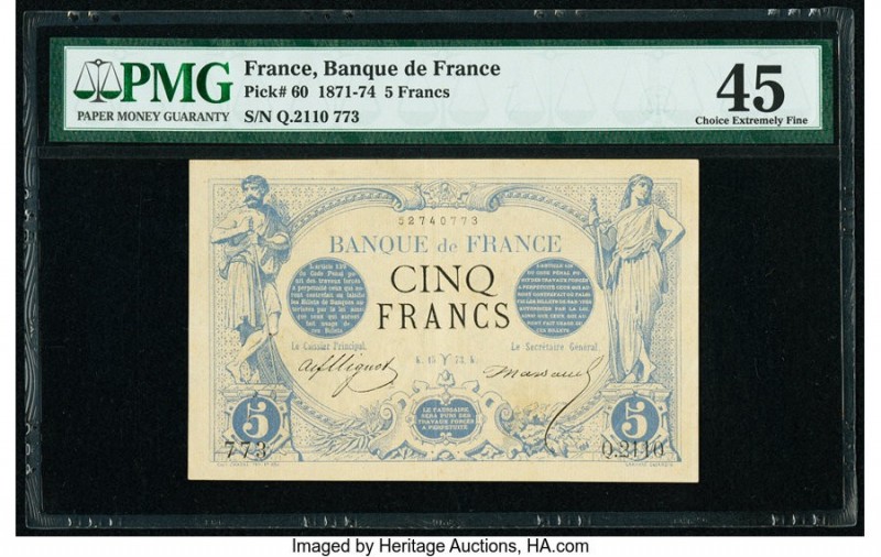 France Banque de France 5 Francs 1871-74 Pick 60 PMG Choice Extremely Fine 45. P...