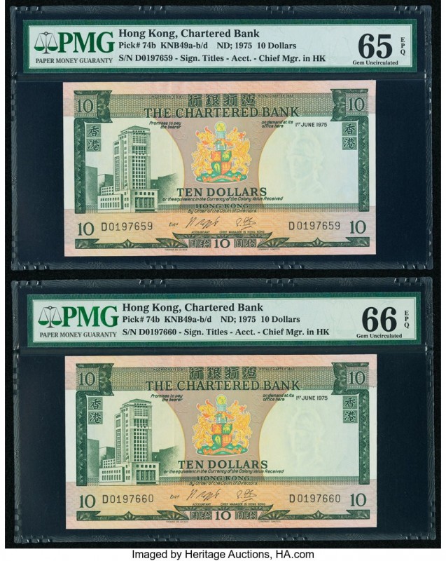 Hong Kong Chartered Bank 10 Dollars 1.6.1975 Pick 74b Two Consecutive Examples P...