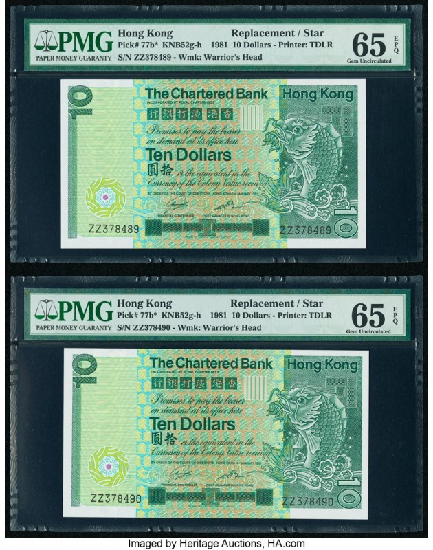 Hong Kong Chartered Bank 10 Dollars 1981 Pick 77b* KNB52 Two Consecutive Replace...