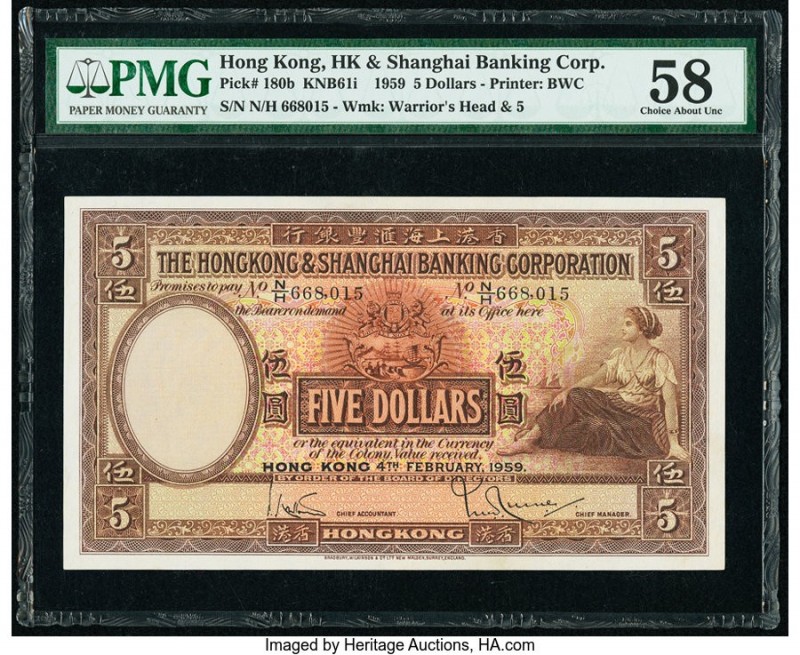 Hong Kong Hongkong & Shanghai Banking Corp. 5 Dollars 4.2.1959 Pick 180b KNB61i ...