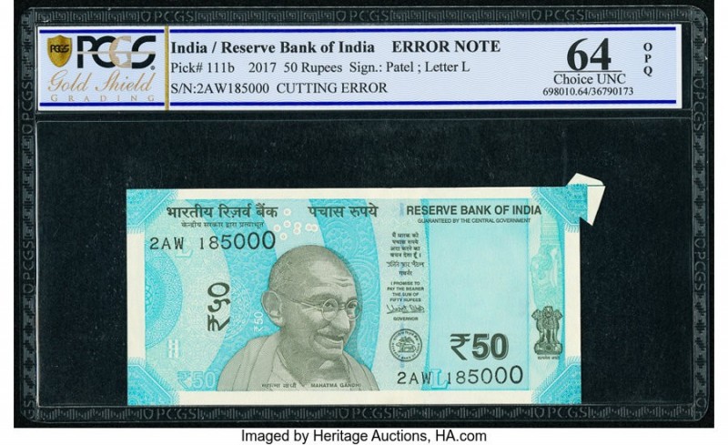 Cutting Error India Reserve Bank of India 50 Rupees 2017 Pick 111b PCGS Gold Shi...