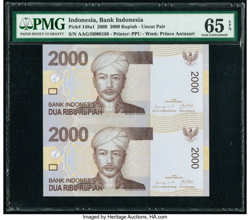 Indonesia Bank Indonesia 2000 Rupiah 2009 Pick 148a Uncut Pair PMG Gem Uncircula...